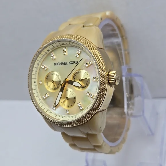 Womens Michael Kors Horn Day Date Watch Gold Tone Resin Jet Set 37mm New Battery - Picture 2 of 9